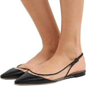 FSJ Black Trendy Pointed Toe Ballet Flats Sandals Slip on Slingback Pumps Shoes